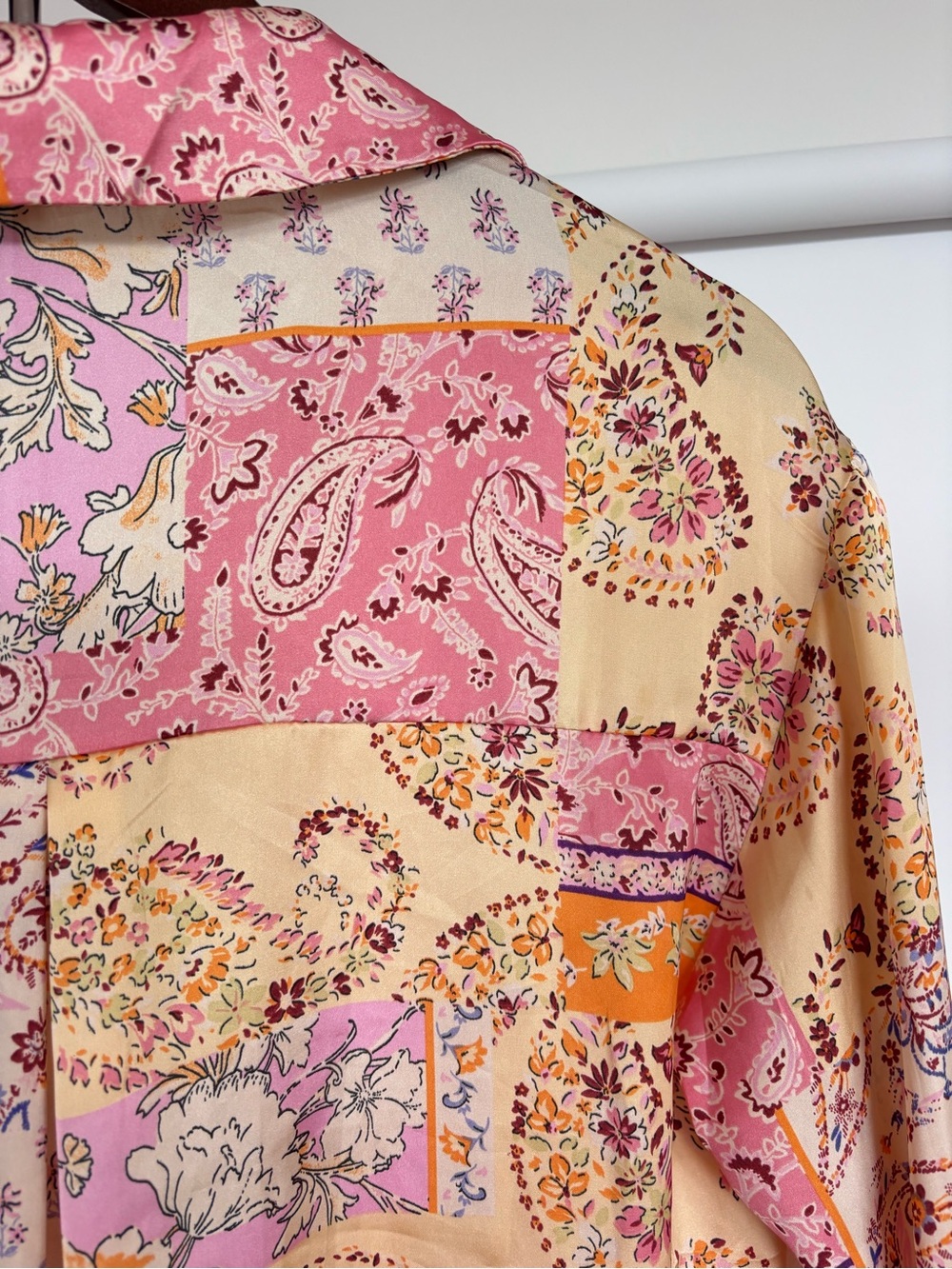 Zara S Patchwork Paisley Button Up Shirt in Pink and Cream Silk Feels Blouse - Picture 14 of 16